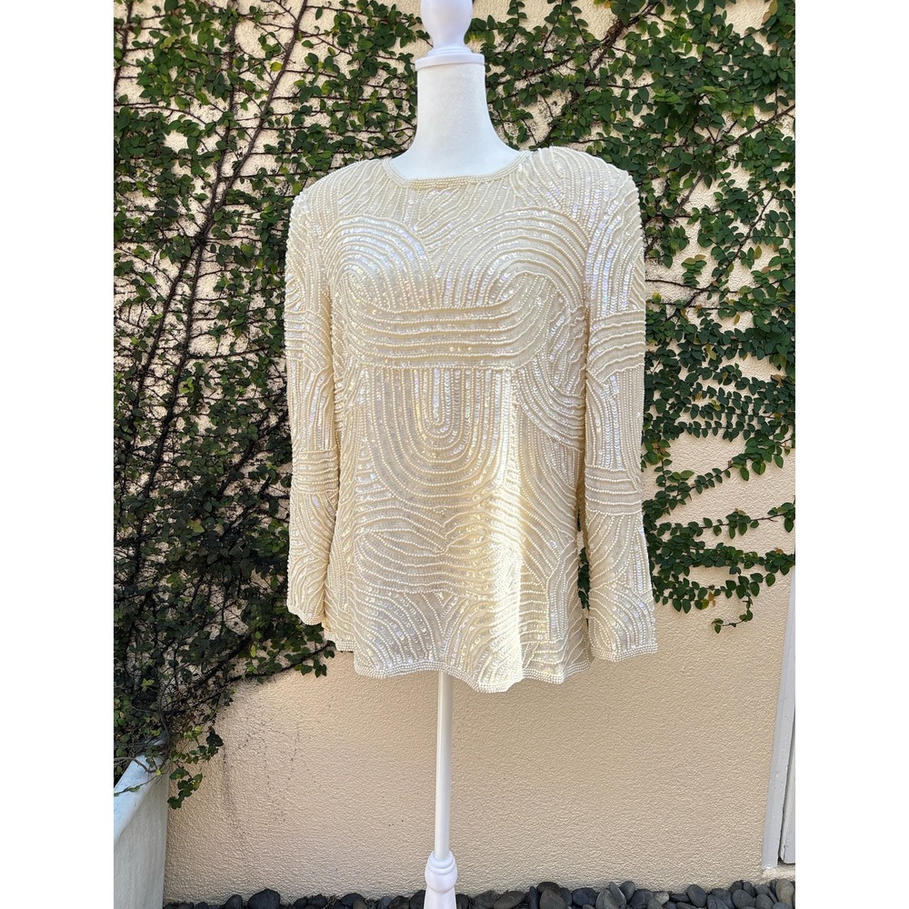 Joan Leslie Evenings Fully Beaded Off white Long Sleeve Silk Blouse Sz L